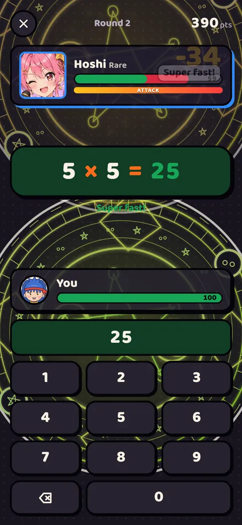 Game screenshot: Every right answer casts a spell
