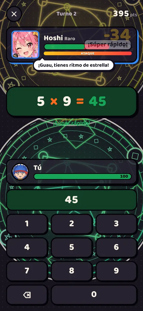 Captura del juego: Cada respuesta correcta lanza un hechizo