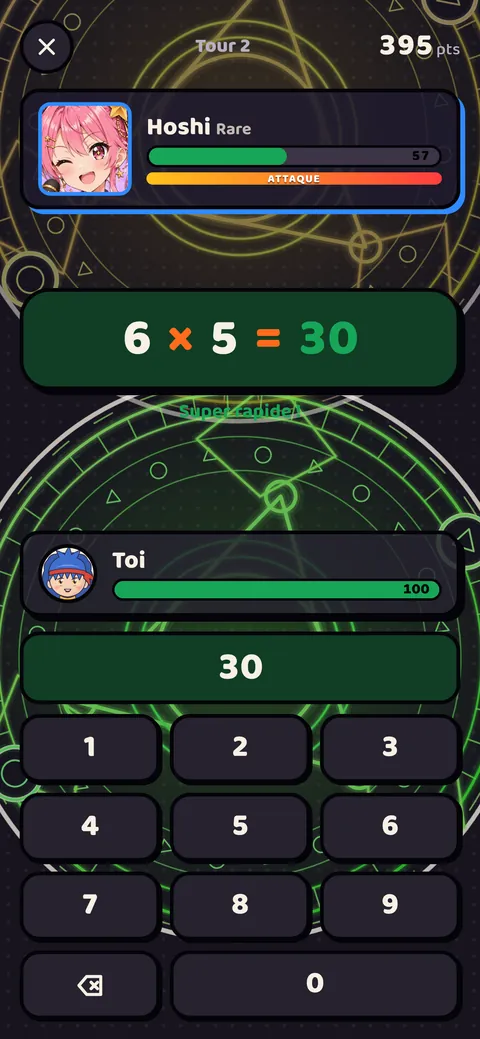 Capture d’écran du jeu : un duel sur la table de multiplication
