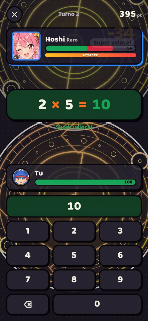 Schermata del gioco: Ogni risposta giusta lancia un incantesimo