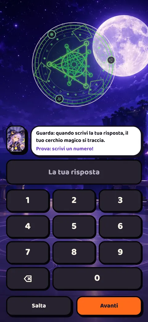 Schermata del gioco: La tua risposta traccia un cerchio magico